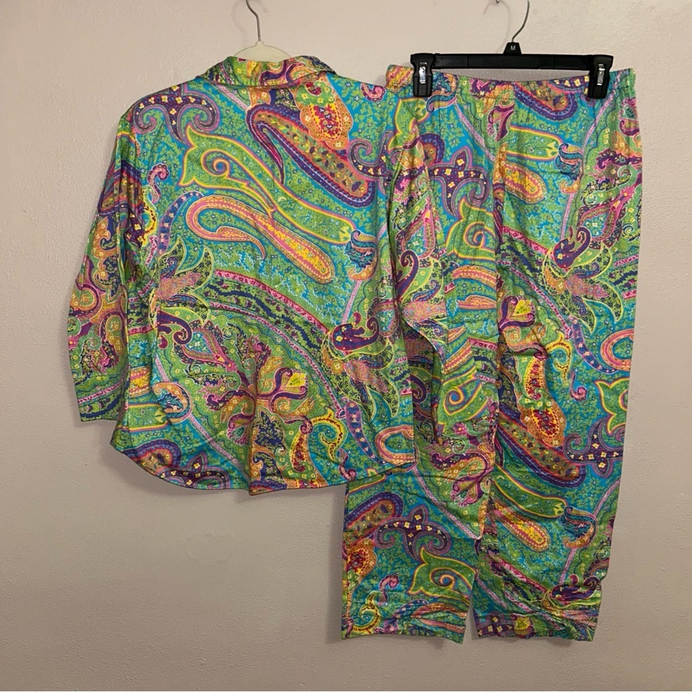 LRL EMBROIDERED Multicolor Paisley Pajama Set - Green, Purple & Yellow - Picture 2 of 4